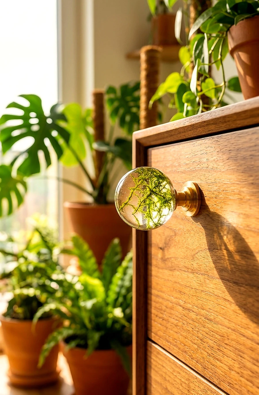 Gałka meblowa Mech (Bryophyta) · gałka przykręcona do orzechowej komody, w słońcu