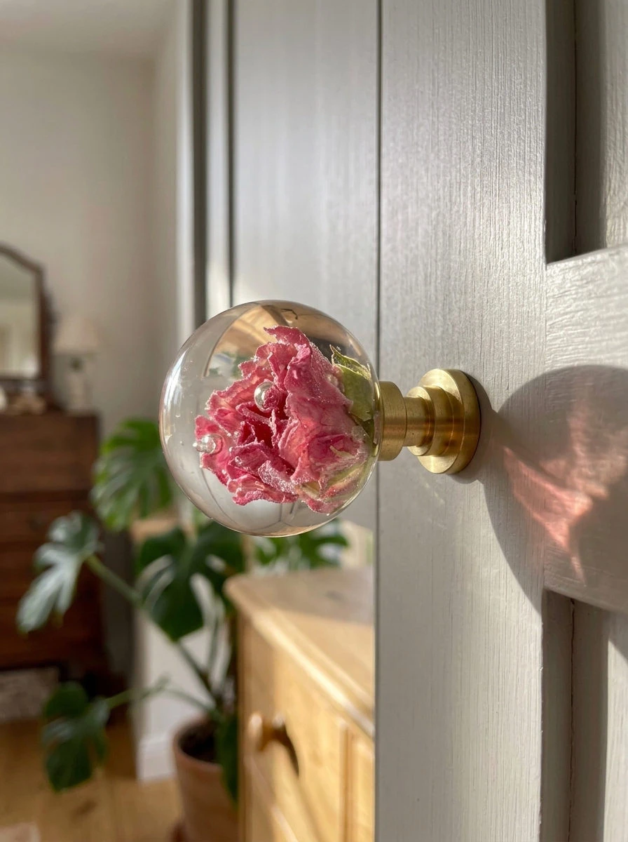 Gałka meblowa Róża (Rosa) · gałka przykręcona do jasnoszarych drzwiczek szafy, w słońcu